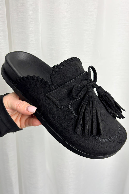 Black Faux Suede Tassel Tie Mules