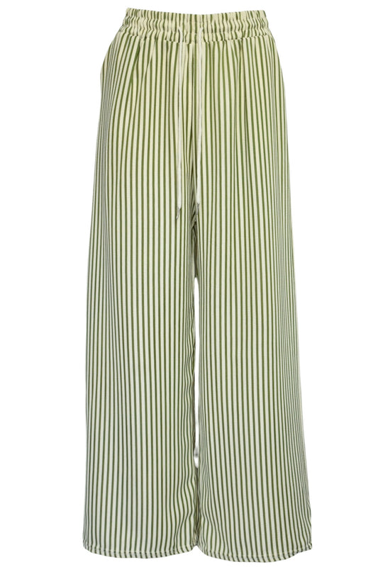Olive & White Striped Wide Leg Trousers