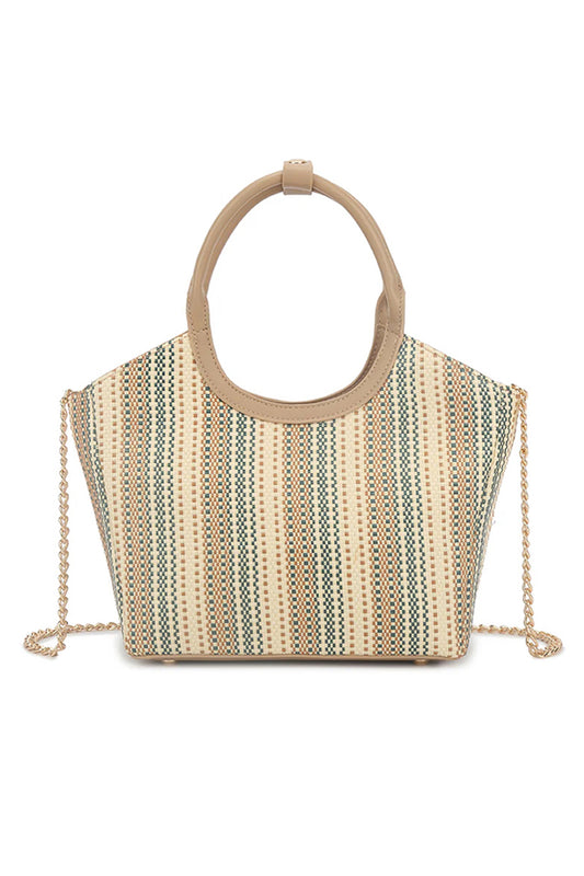 Green & Camel Woven Straw Hoop Handle Tote Bag