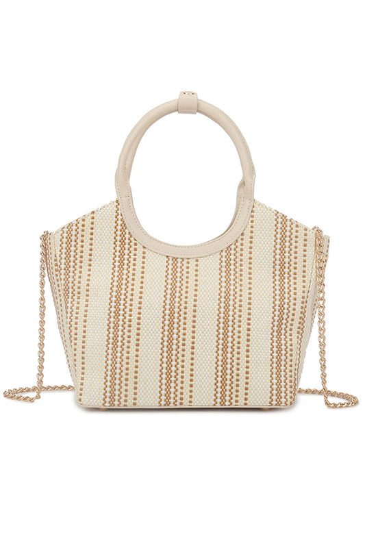 Cream & Camel Woven Straw Hoop Handle Tote Bag