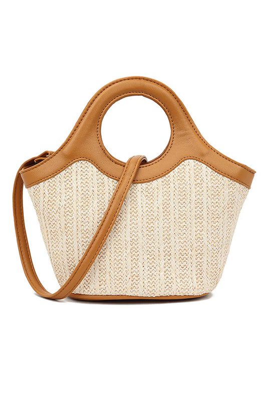 Tan Woven Straw Hoop Handle Bag