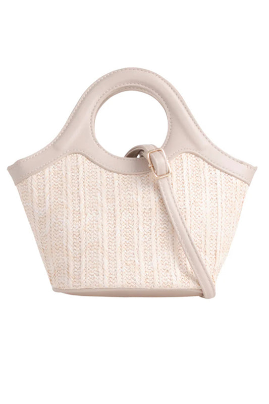 Nude Woven Straw Hoop Handle Bag
