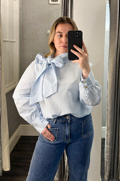 Blue & White Checked Tie Neck Blouse