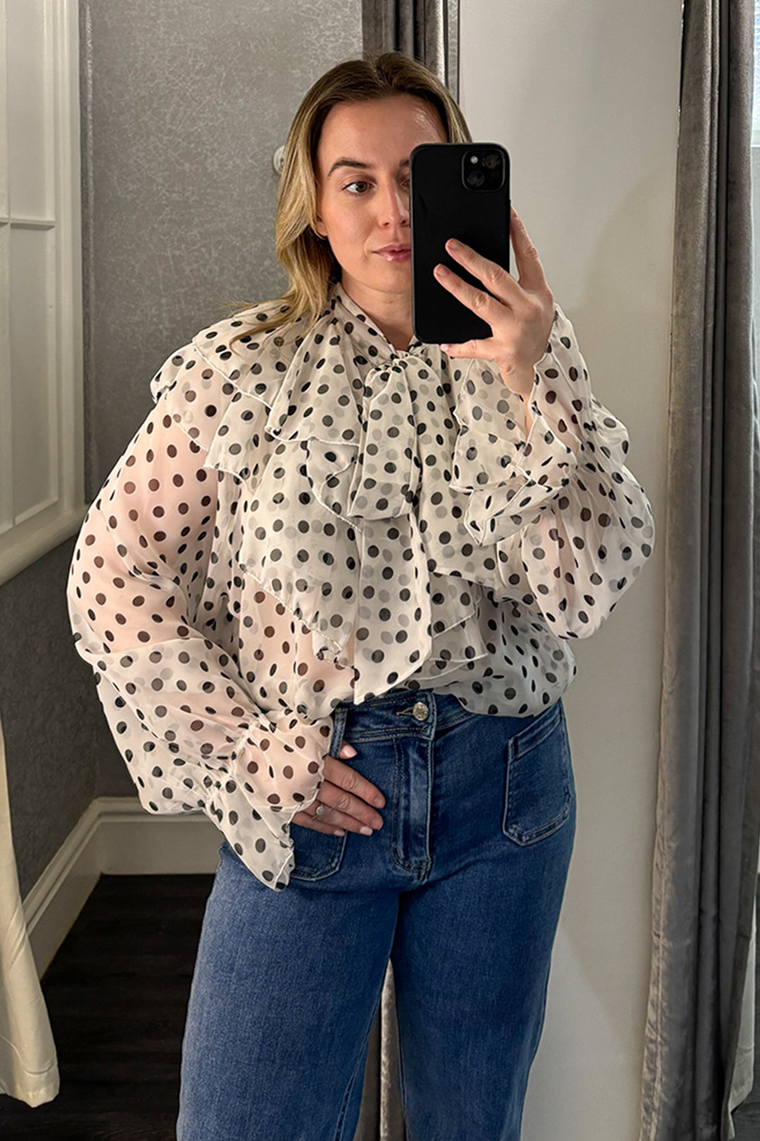 White & Black Polka Dot Frill Blouse