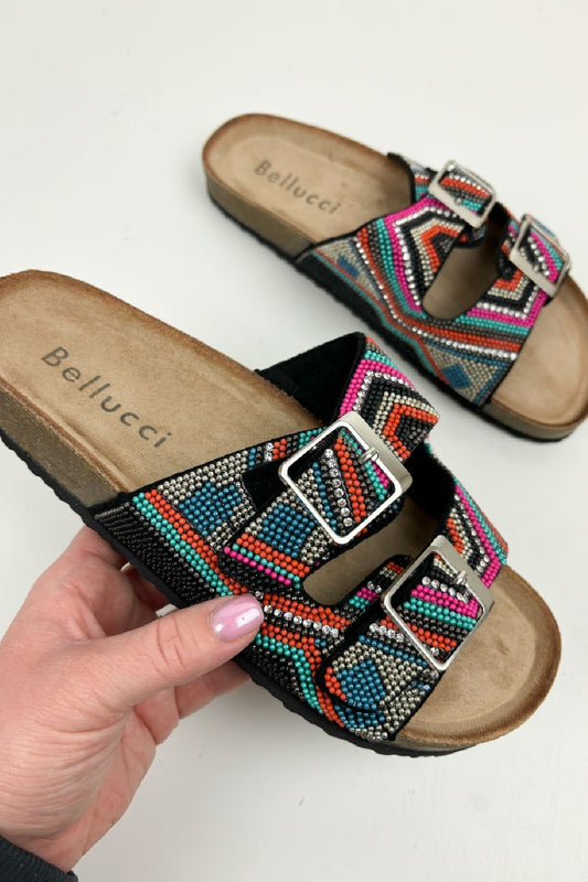 Black Multi Beaded Buckled Sandals