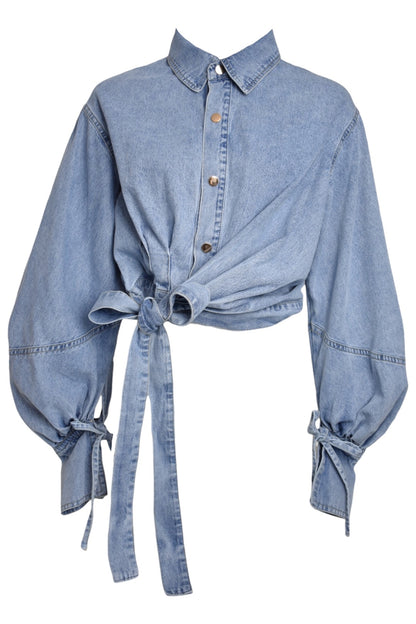 Light Denim Wrapover Cropped Shirt