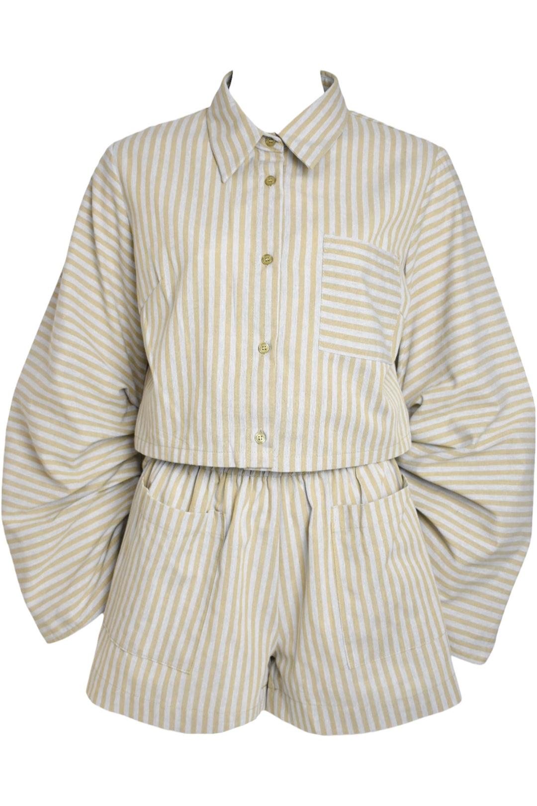 Beige & Grey Striped Cropped Shirt & Shorts Co-ord