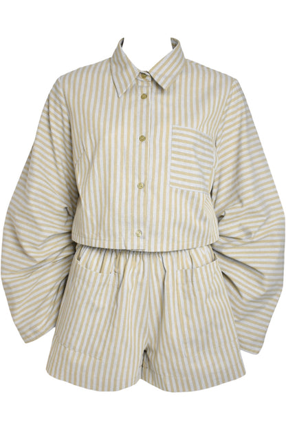 Beige & Grey Striped Cropped Shirt & Shorts Co-ord
