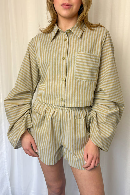 Beige & Grey Striped Cropped Shirt & Shorts Co-ord