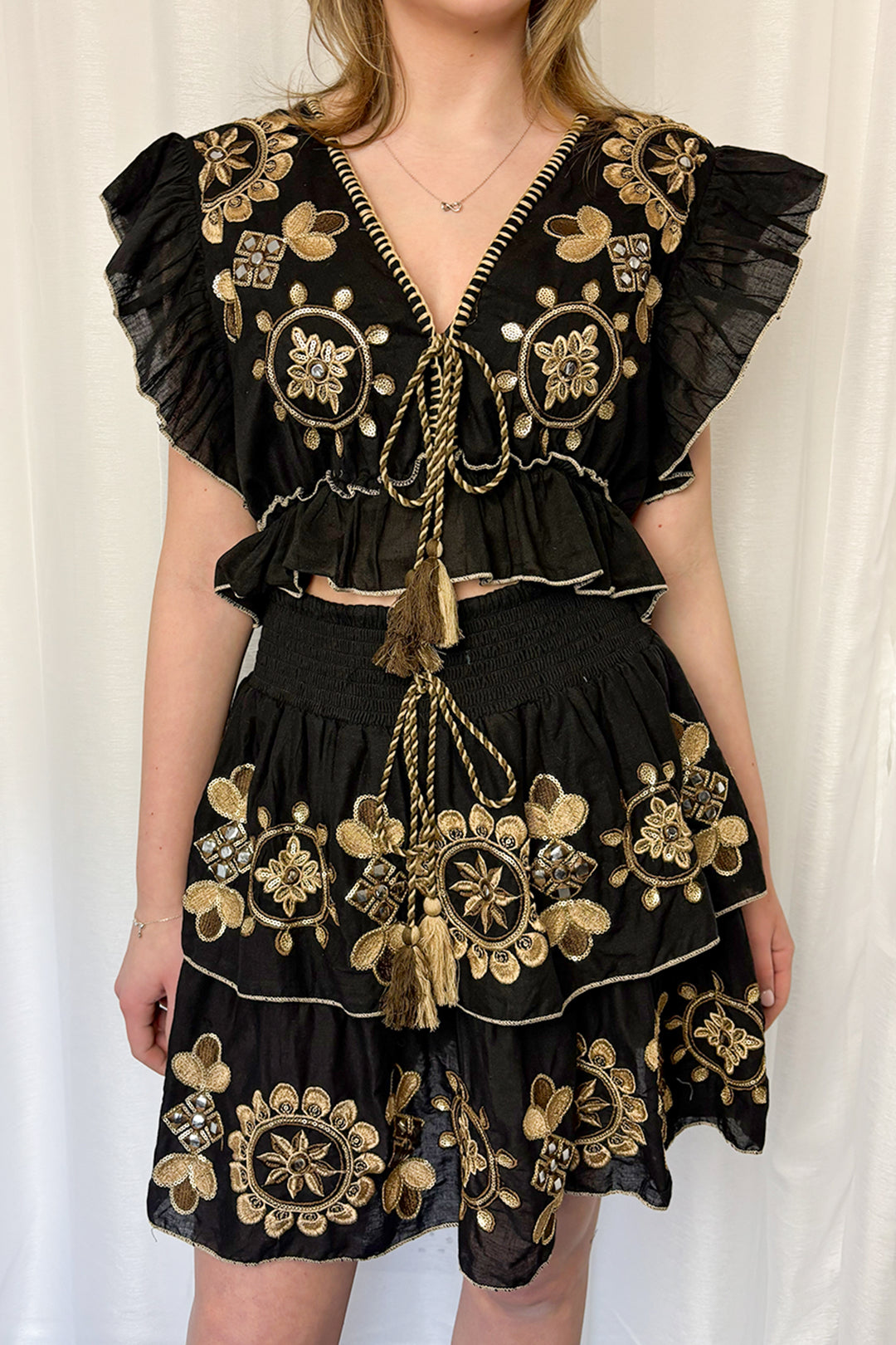 Black Embroidered Frill Top & Skirt Co-ord