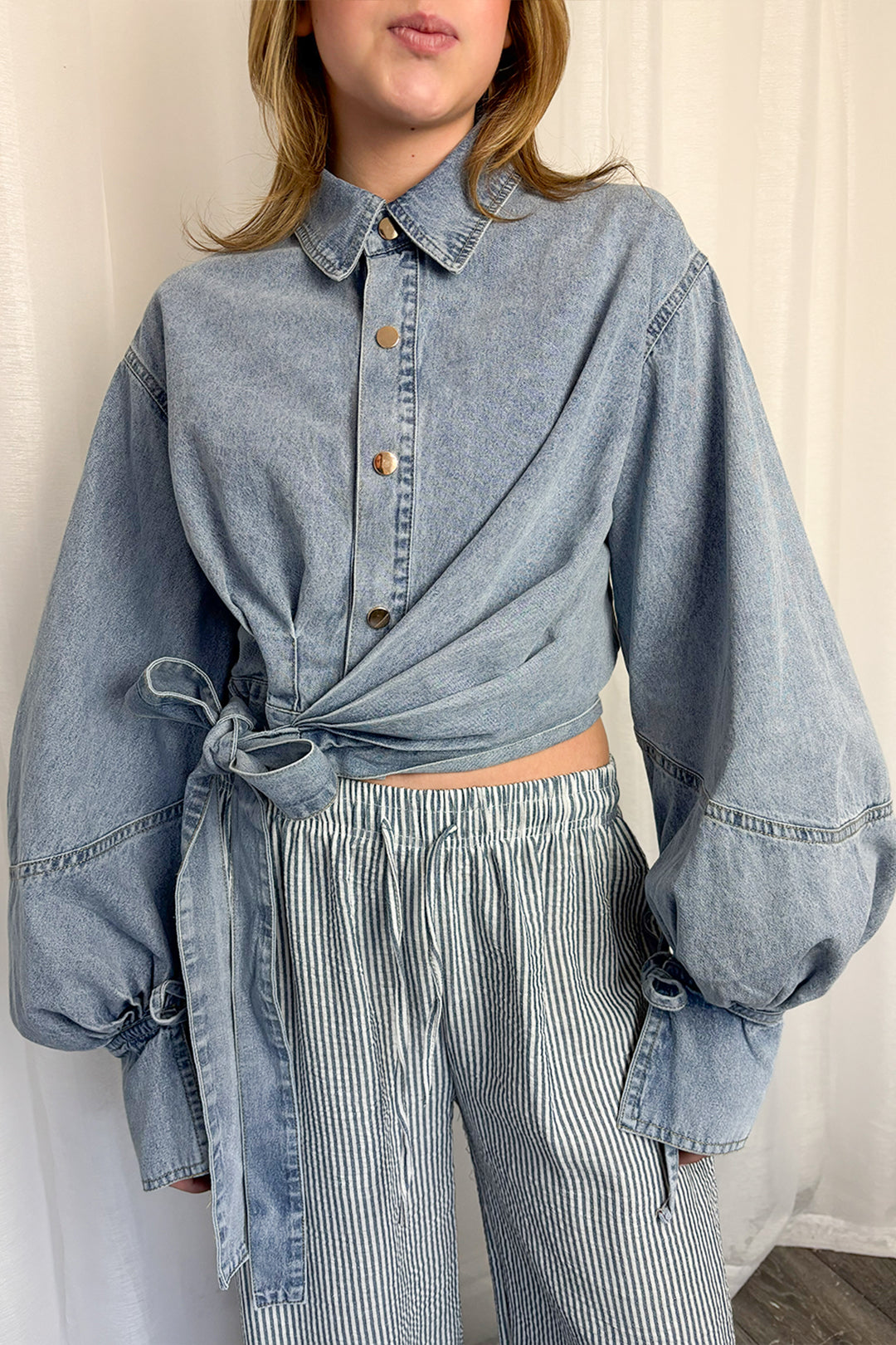 Light Denim Wrapover Cropped Shirt