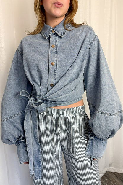 Light Denim Wrapover Cropped Shirt