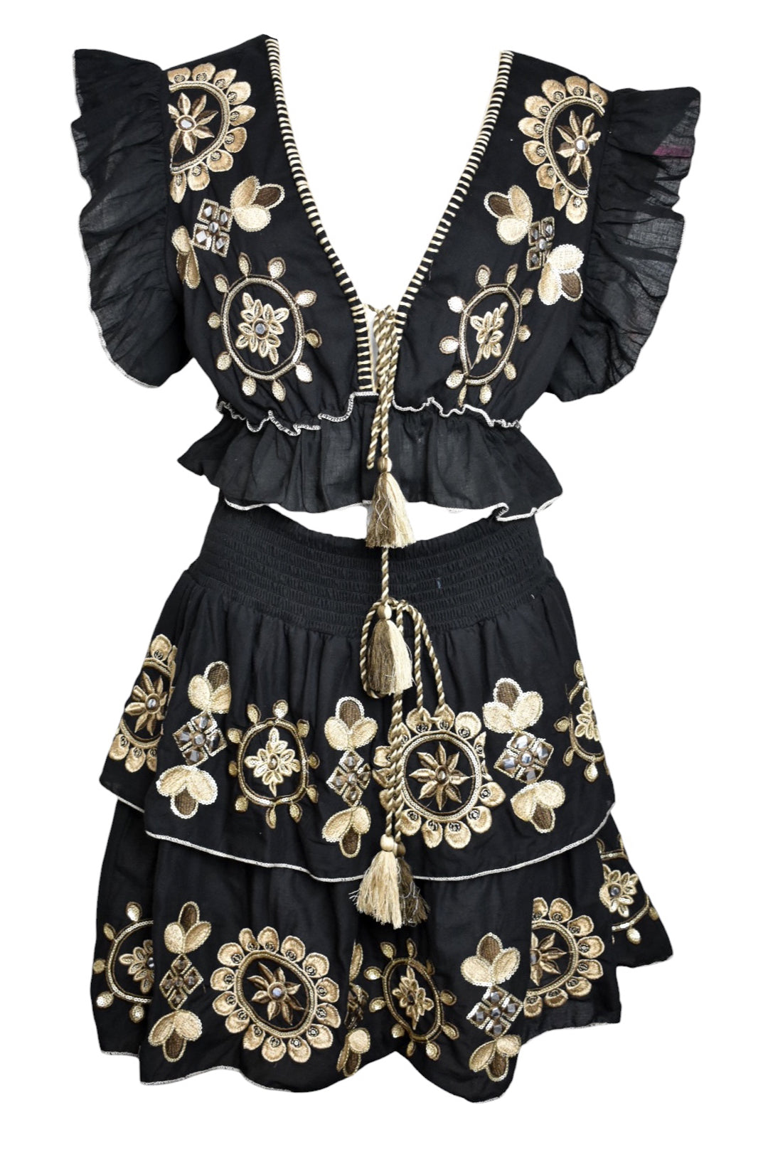 Black Embroidered Frill Top & Skirt Co-ord