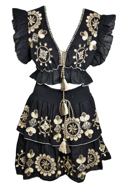 Black Embroidered Frill Top & Skirt Co-ord