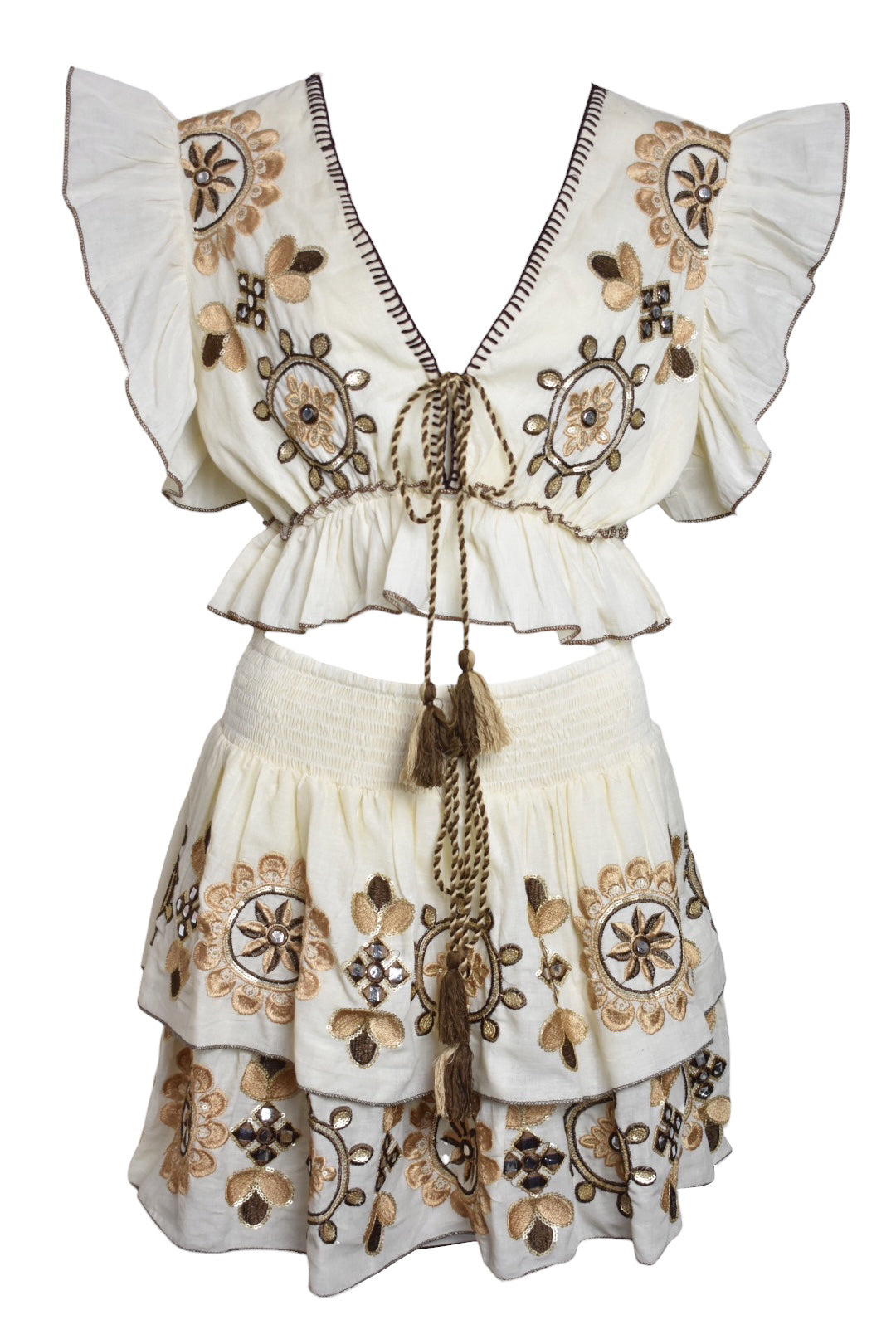 Cream Embroidered Frill Top & Skirt Co-ord