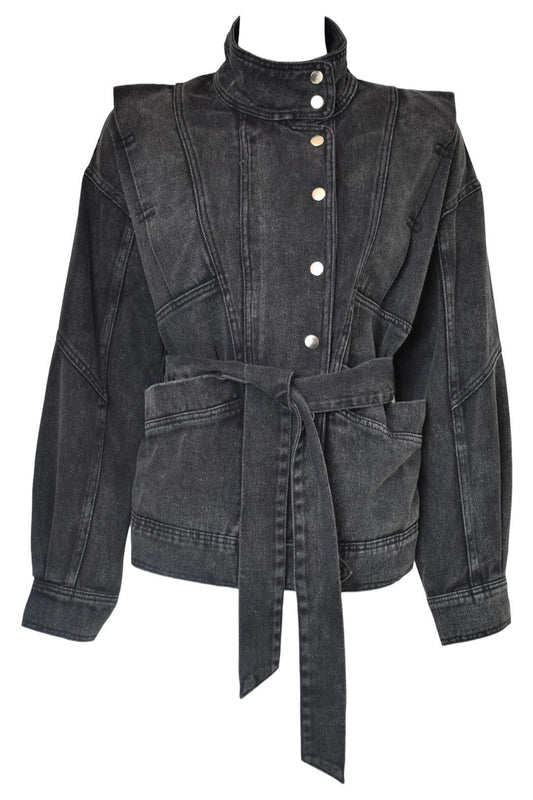 Black Denim Belted Jacket