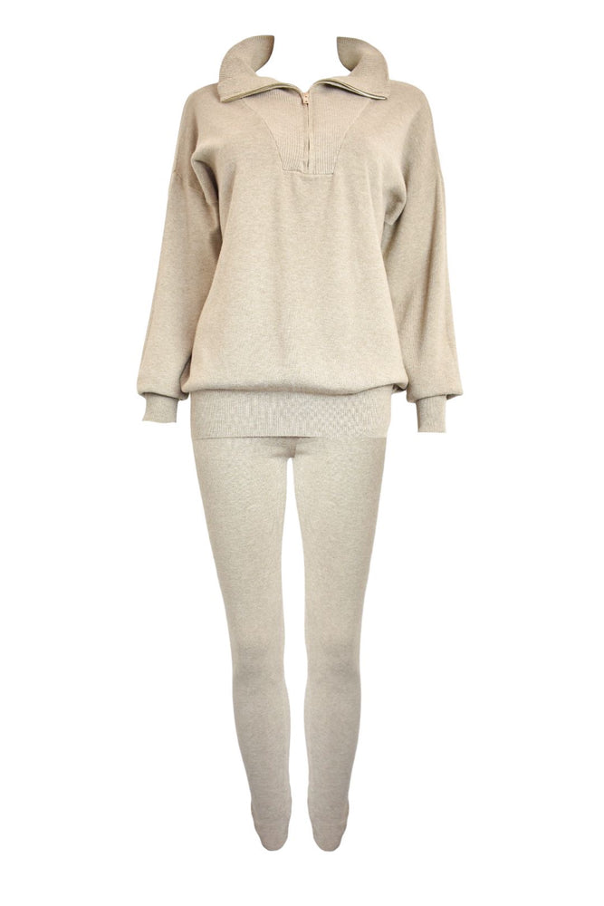 Taupe Quarter Zip Knitted Loungesuit