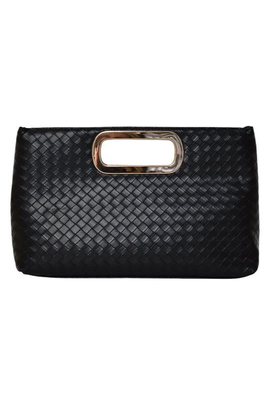 Black Woven Rectangle Grab Handle Clutch
