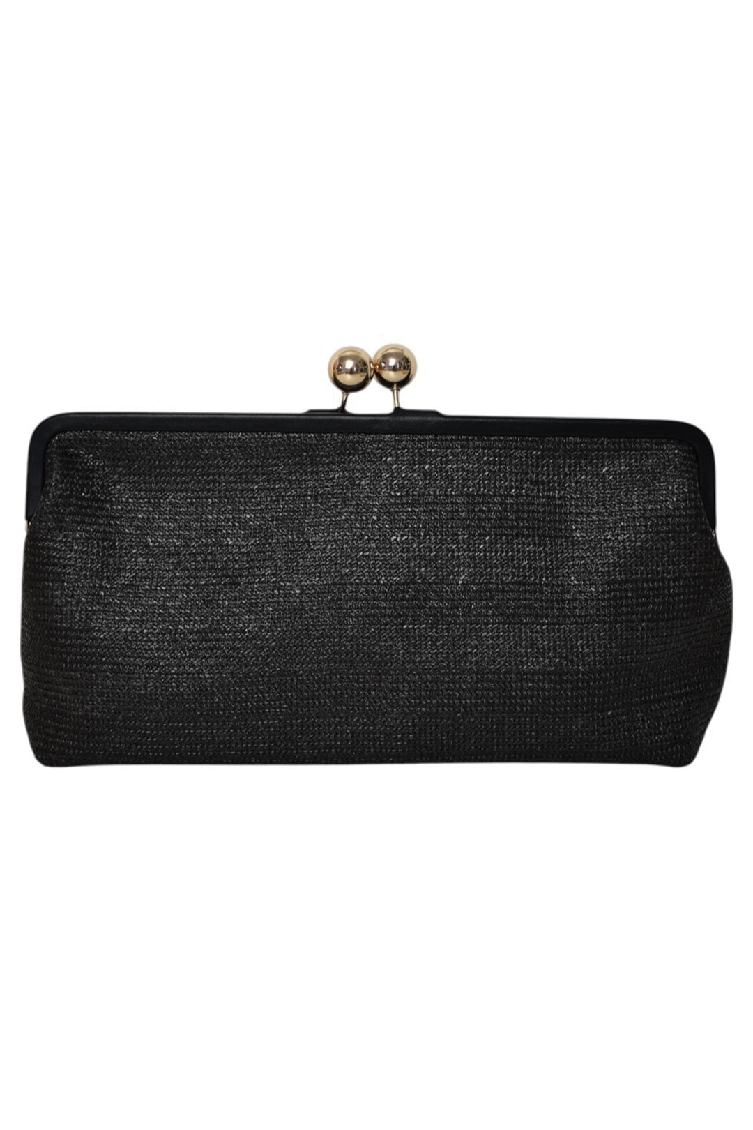 Black Woven Straw Gold Ball Clasp Clutch Bag
