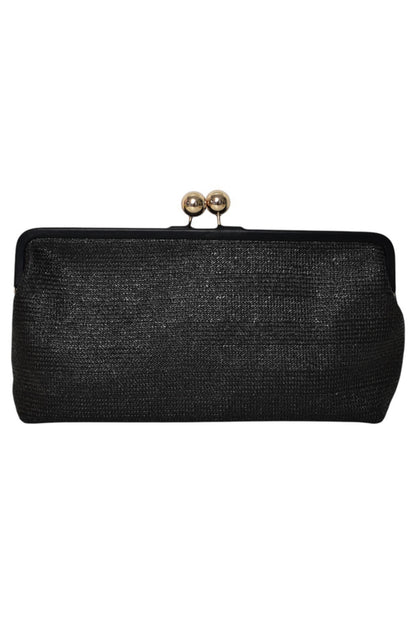 Black Woven Straw Gold Ball Clasp Clutch Bag
