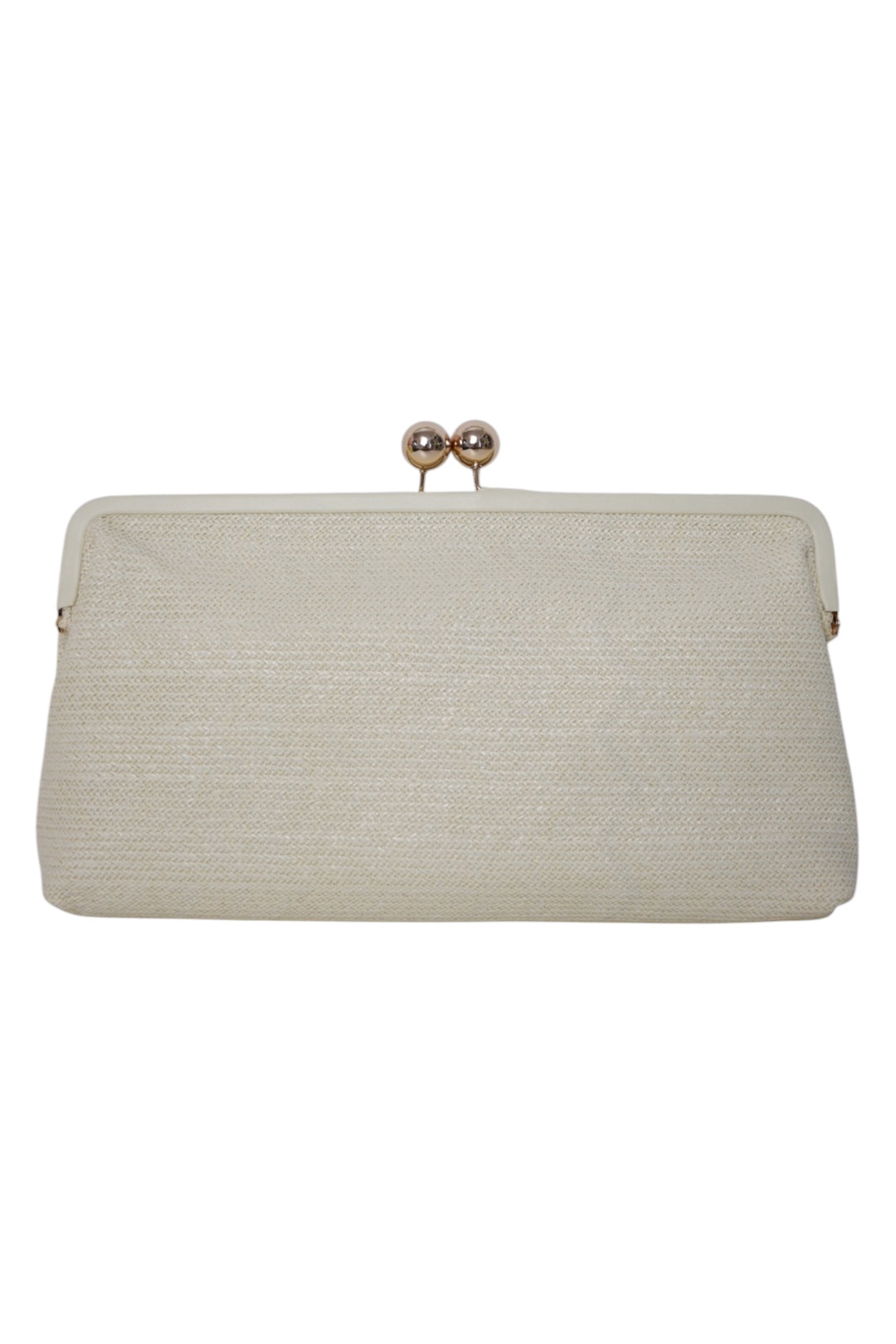 Cream Woven Straw Gold Ball Clasp Clutch Bag