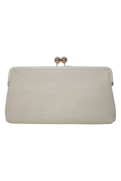 Cream Woven Straw Gold Ball Clasp Clutch Bag