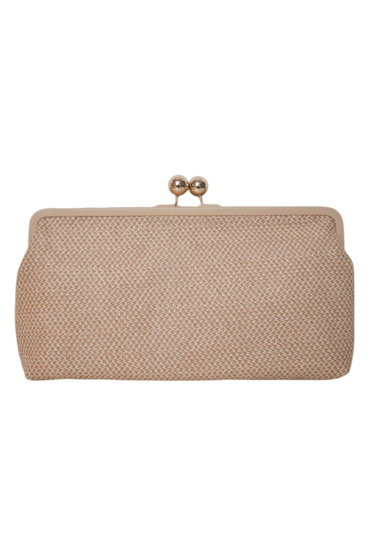 Camel Woven Straw Gold Ball Clasp Clutch