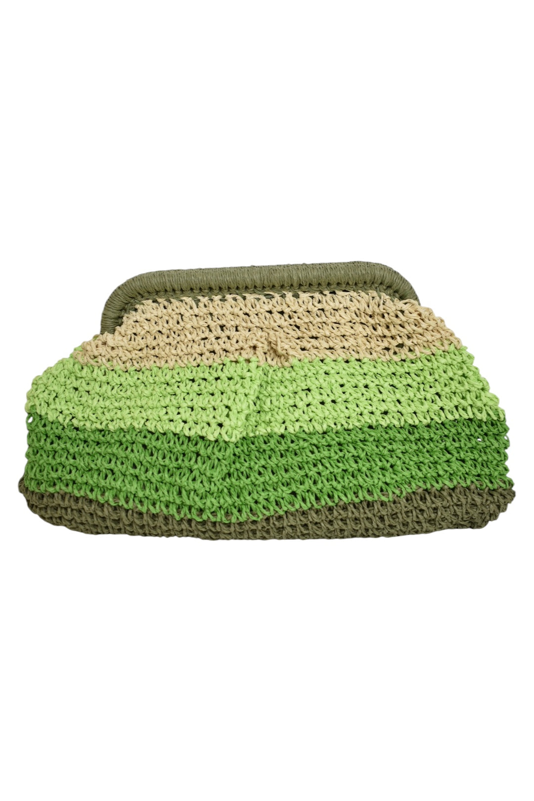 Green Striped Woven Straw Clutch Bag