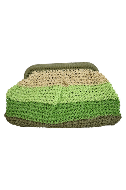 Green Striped Woven Straw Clutch Bag