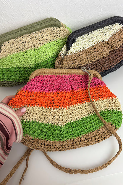 Black Striped Woven Straw Clutch Bag