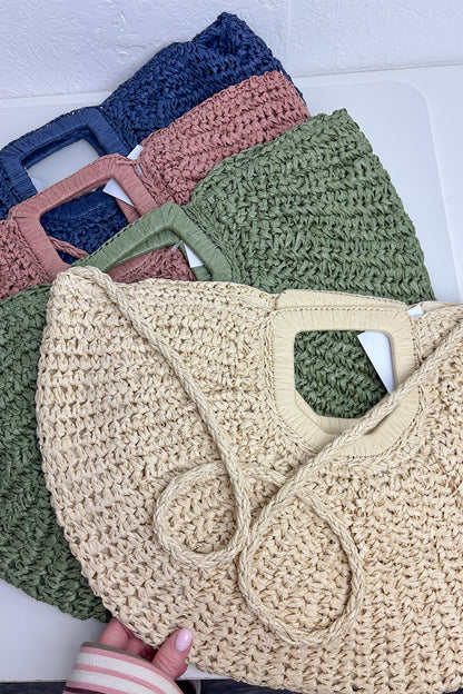 Beige Half Moon Woven Straw Oversized Grab Bag