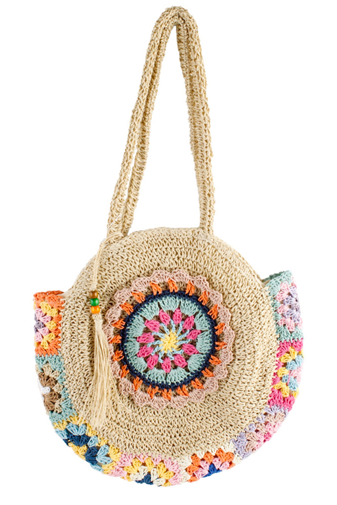 Multi Crochet Round Woven Straw Bag