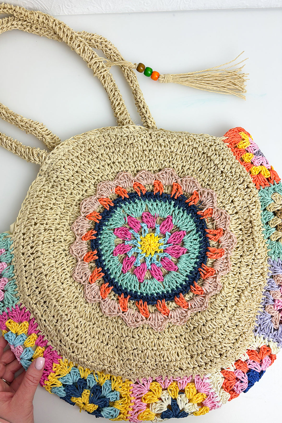 Multi Crochet Round Woven Straw Bag