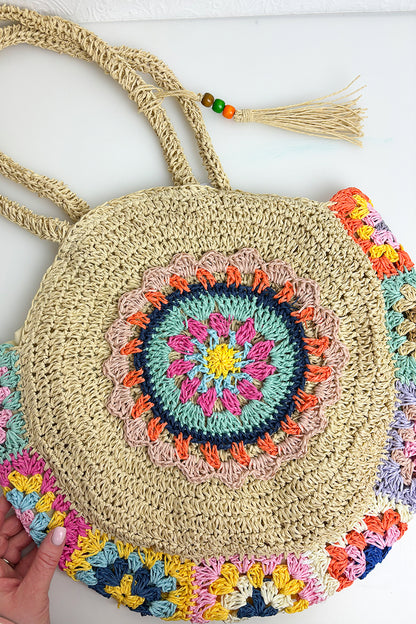 Multi Crochet Round Woven Straw Bag
