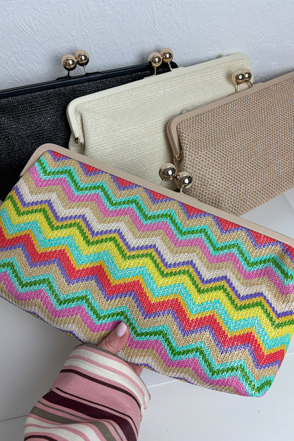 Black Woven Straw Gold Ball Clasp Clutch Bag