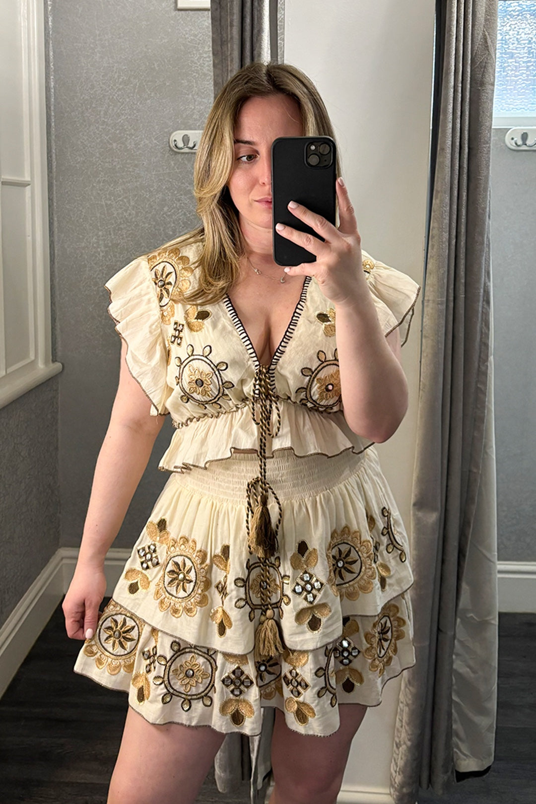 Cream Embroidered Frill Top & Skirt Co-ord