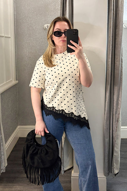 Cream & Black Polka Dot Lace Asymmetric Hem Top