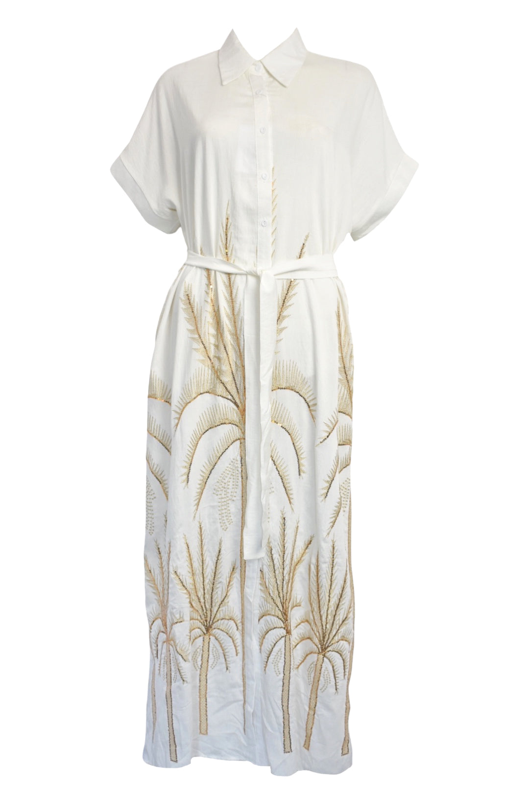 White Embossed Gold Palm Tree Belted Midi Shirt Dress