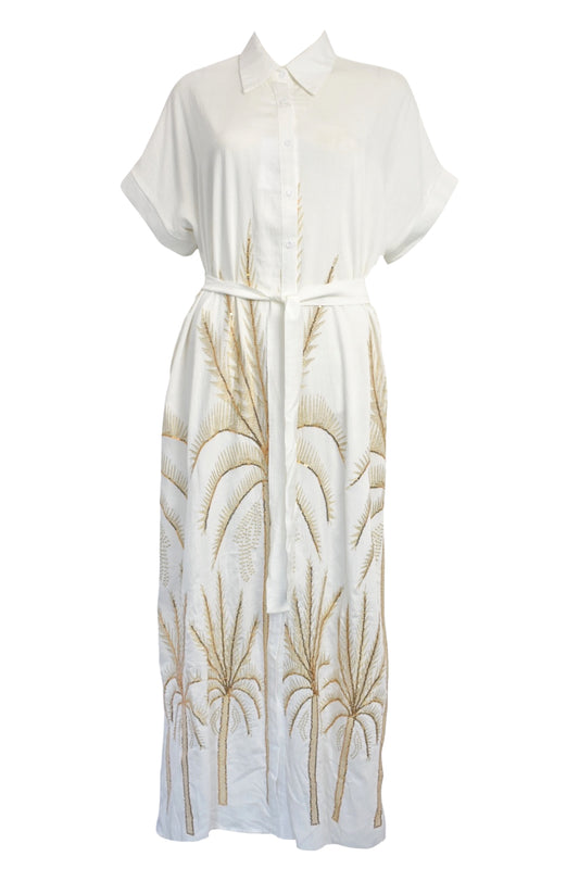 White Embossed Gold Palm Tree Belted Midi Shirt Dress