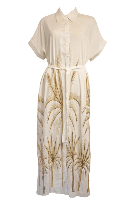 Beige Embossed Gold Palm Tree Belted Midi Dress