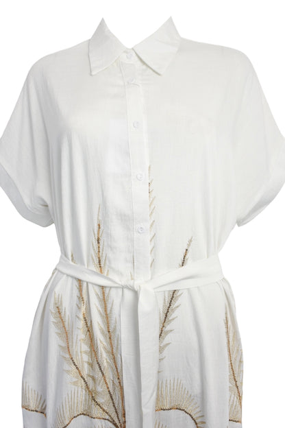 White Embossed Gold Palm Tree Belted Midi Shirt Dress
