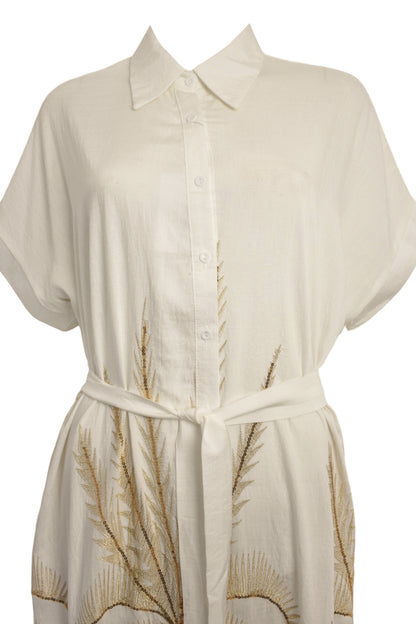 Beige Embossed Gold Palm Tree Belted Midi Dress