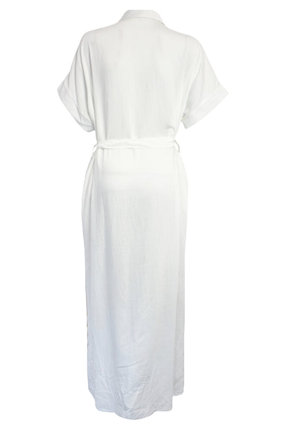 White Embossed Gold Palm Tree Belted Midi Shirt Dress