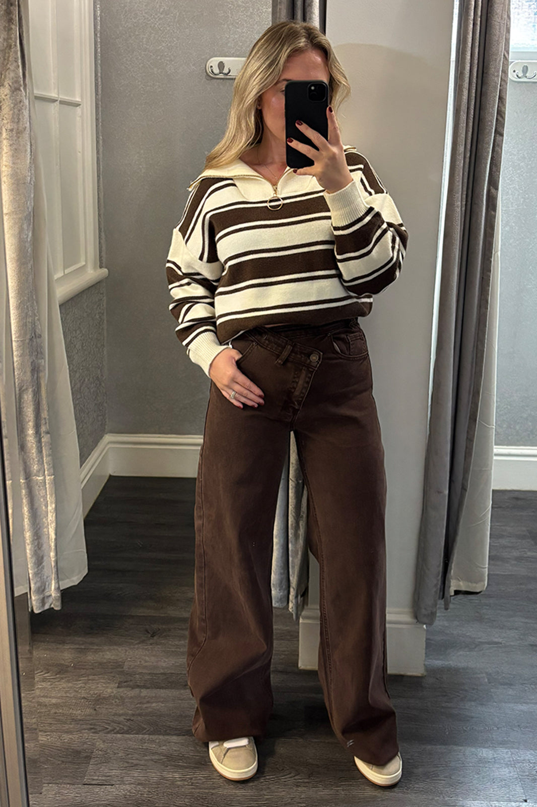 Brown & Cream Double Stripe Quarter Zip Jumper