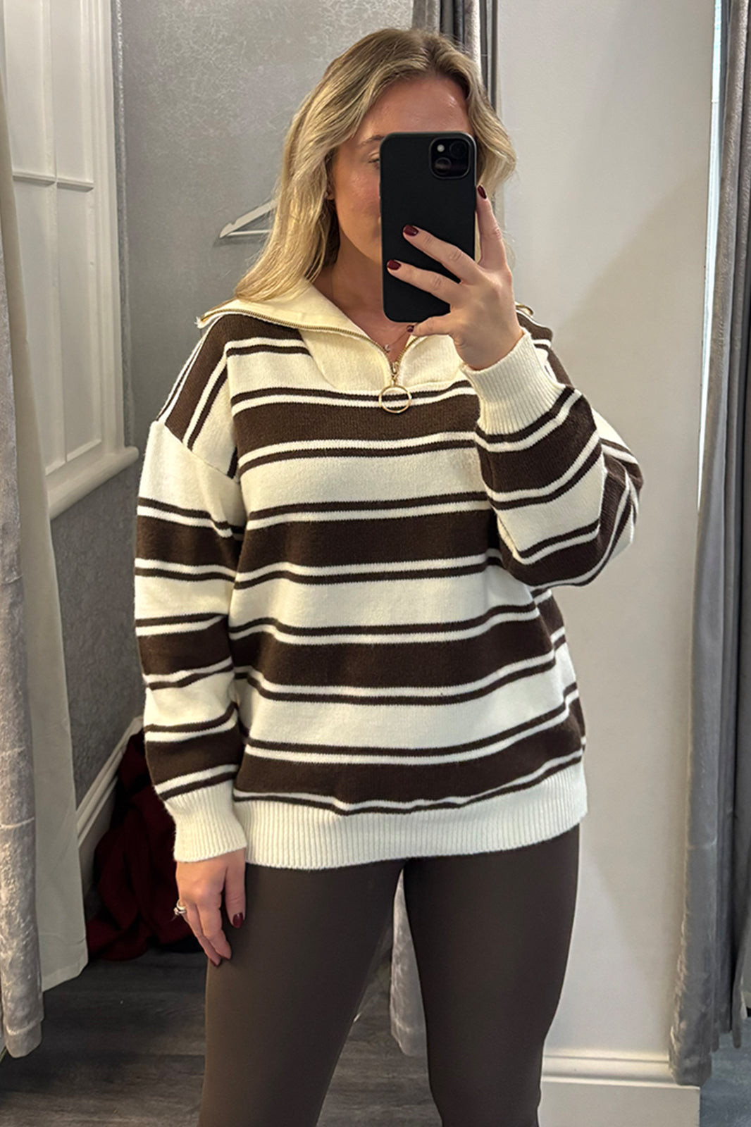 Brown & Cream Double Stripe Quarter Zip Jumper