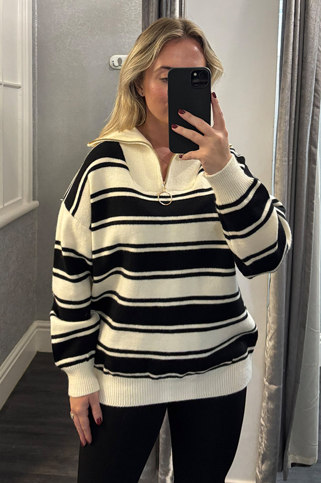 Black & Cream Double Stripe Quarter Zip Jumper