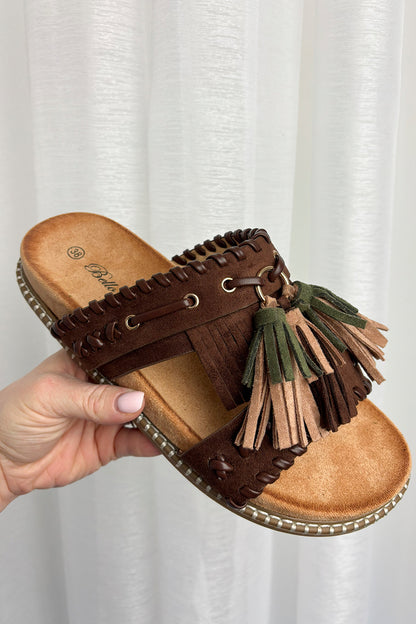 Brown Faux Suede Tassel Sandals