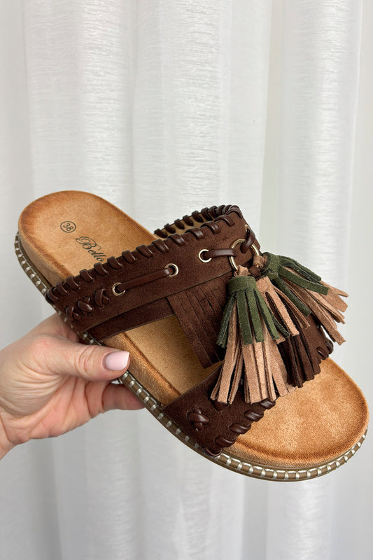 Brown Faux Suede Tassel Sandals