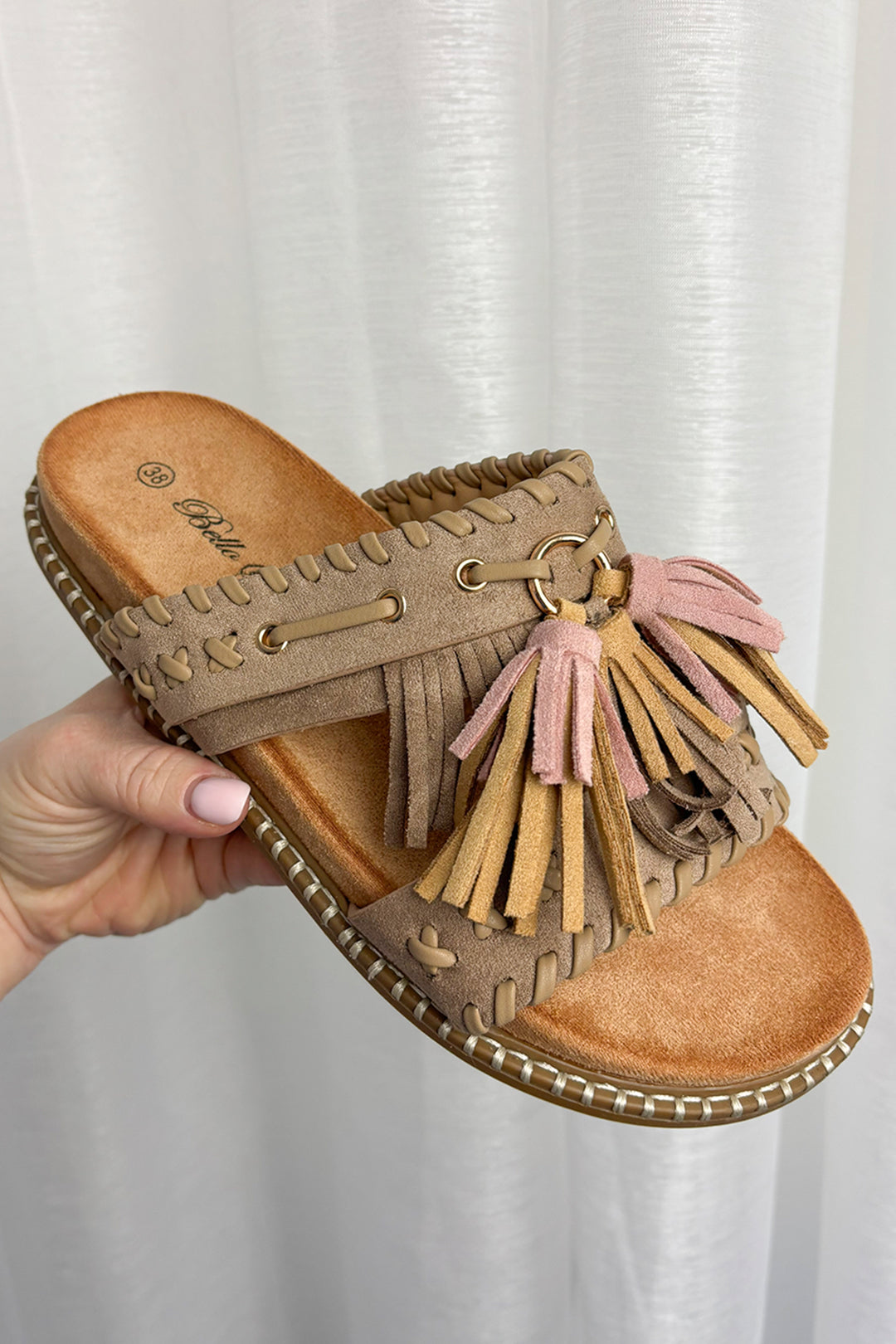 Taupe Faux Suede Tassel Sandals