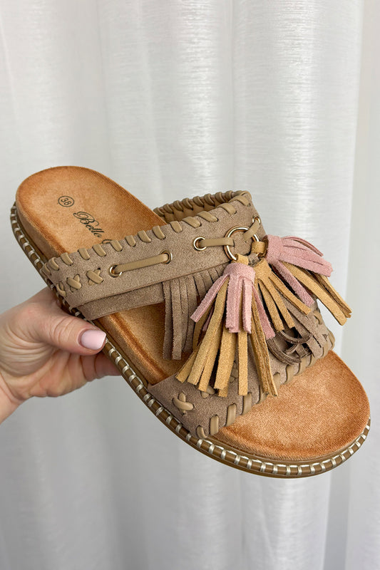 Taupe Faux Suede Tassel Sandals